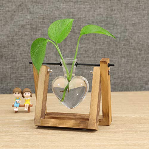 Kingbuy Terrarium with Wooden Stand, Desktop Propagation Station, Air Plant Holder, Metal Swivel Holder for Hydroponics, Home Garden, Wedding Decor - 1 Hearted Vase - size: Heart 1 Bulb