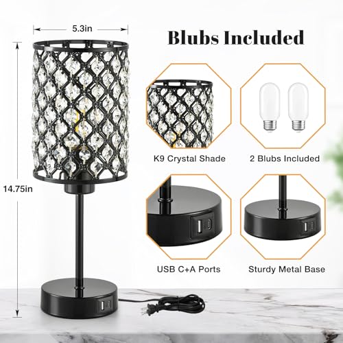 GyroVu Touch Control Table Lamp, Black Crystal Table Lamps Set of 2 with 2 USB Charging Ports, Dimmable Bedside Nightstand Lamps for Living Room, Bedroom, Guest Room, Bulbs Included - color: Black-2, size: 14.75"