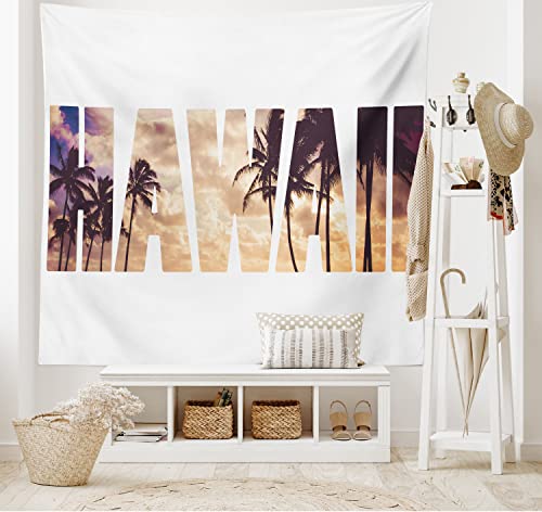 Ambesonne Hawaiian Tapestry, Tropic Silhouette Palm Trees at Sunset Cloudy Sky Hawaii Typography Skyscape, Wide Wall Hanging for Bedroom Living Room Dorm, 60" X 40", Brown Beige - color: Brown Beige, size: 60"L x 40"W