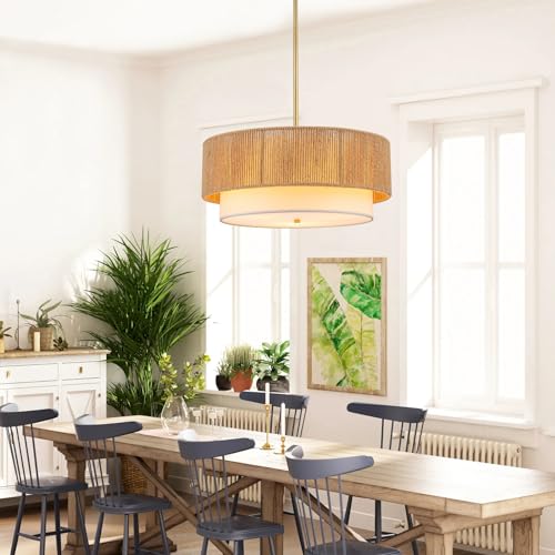 SineRise 18'' Farmhouse Rattan Chandeliers for Dining Room,3-Light Boho Light Fixtures Rattan Pendant Light Fixture with Fabric Shade Drum Chandeliers for Bedroom Dining Room Foyer Kitchen Hallway - color: Gold, size: 18 inch Drum