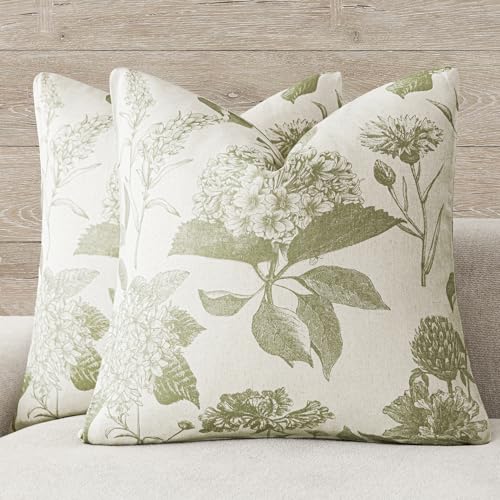 Foindtower Set of 2 Linen Floral Throw Pillow Covers Vintage Accent Print Decorative Cozy Cushion Covers Farmhouse Boho Home Decor for Sofa Chair Couch Bedroom Living Room,18×18 Inch,Light Green - color: Light Green, size: 18" x 18" (Pack of 2)
