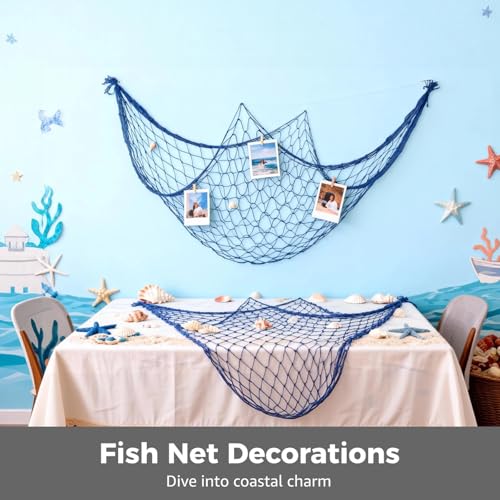 12 Pcs Fish Net Decorations, 3.3 x 6.6 ft Nautical Party Decorations, Wall Hanging Cotton Fishnet Photo Wall Background for Underwater Beach Party Decoration