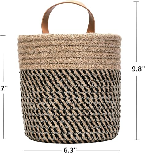 2pack Small Hanging Baskets-Cotton Rope Wall Basket with Handle, Hanging Storage Basket, Shelf Baskets Storage Bin Closet Organizer - 6.3" x 7", Woven Plant Basket (Jute-black) - color: Jute-black