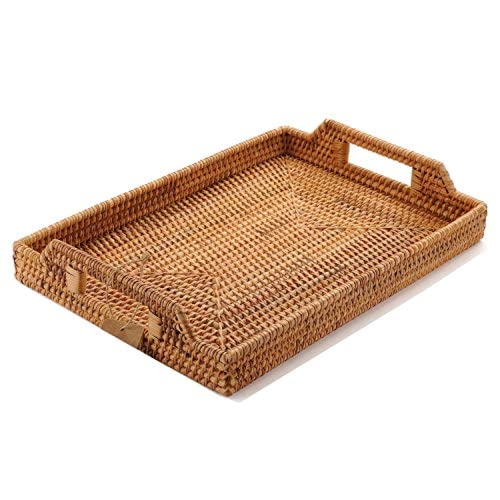 Rattan Serving Tray, Rectangular Woven Tray, Natural Wicker Decorative Serving Baskets for Organizing Tabletop Bathroom Kitchen Counter (Rattan with Handles) - color: With Handles (14.6'' X 10 '')