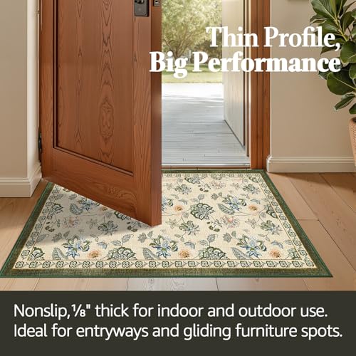 jinchan Elora 2x3 Floral Rug for Entryway Washable Kitchen Rug Vintage Romance Design Small Mat Non Slip Indoor Doormat Lightweight Low-Profile Throw Carpet for Entrance Laundry Room, Green/Beige - color: Bloom Green/Beige, size: 2' x 3' (Light Weight)