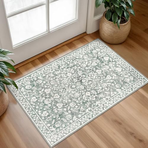 Vintage Washable Rug 2x3, Sage Green Grey Small Area Rugs for Entryway, Floral Super Soft Kitchen Rugs, Low-Pile Throw Rugs Indoor Door Mat Thin Print Faux Wool Carpet for Entrance, Office - color: Grey With Light Sage Green, size: 2' x 3' (Rectangular)