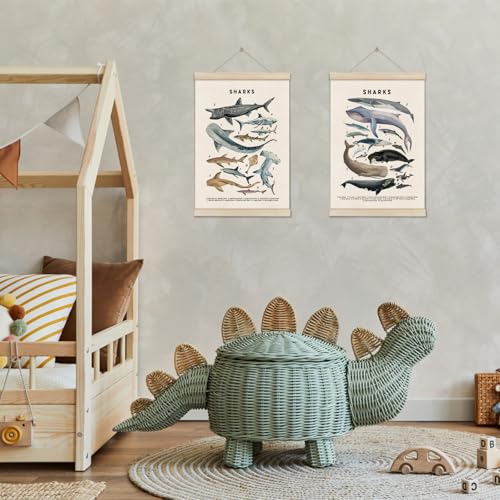 DOI-LANEE Shark Poster Hanger Frame, Set of 2 Shark Canvas Wall Art 16x12 Inch, Kids Educational & Learning Posters, Ocean Room, Sea Animal Decor for Playroom Classroom, Ocean Animals Wall Decor - color: Off-White04