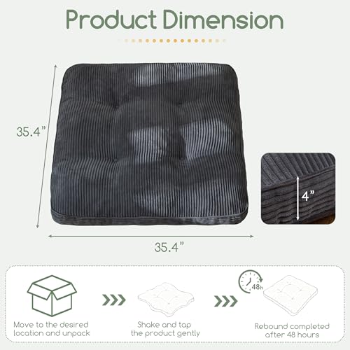 HIGOGOGO 35" Floor Pillow Cushion for Adults, Meditation Cushion Pillow, Extra Large Square Floor Sitting, Tufted Corduroy Cover for Tatami Living Room or Yoga, Dark Grey - color: Dark Grey, size: 4" Thick Square