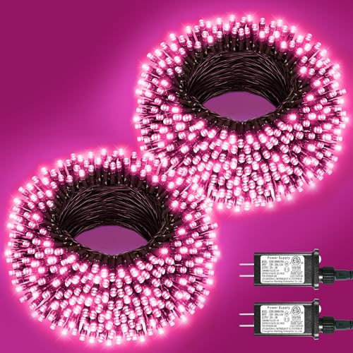 2 Pack Christmas Lights Outdoor, Total 200FT 600LED String Lights for Outside Waterproof with 8 Modes, Green Wire Twinkle Lights for Indoor Room Patio Garden Party Decorations, Pink - color: Pink, size: 200FT 600LED