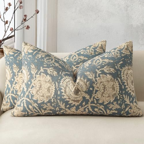 Vintage Floral Print Throw Pillow Covers 12x20 Set of 2 Neutral Modern Farmhouse Pillow Cases Accent Decorative Cushion Covers Boho Home Decor for Couch Sofa Chair Bed Living Room, Dusty Blue - color: Dusty Blue, size: 20" x 12" (Pack of 2)