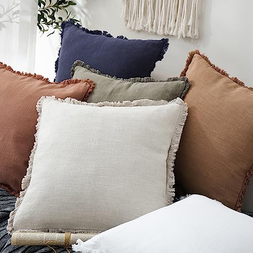 Foindtower Set of 2 Decorative Linen Fringe Throw Pillow Covers Cozy Boho Farmhouse Cushion Cover with Tassels Soft Accent Pillowcase for Couch Sofa Bed Living Room Home Decor, 16×16 Inch, Beige - color: Natural Beige, size: 16" x 16" (Pack of 2)