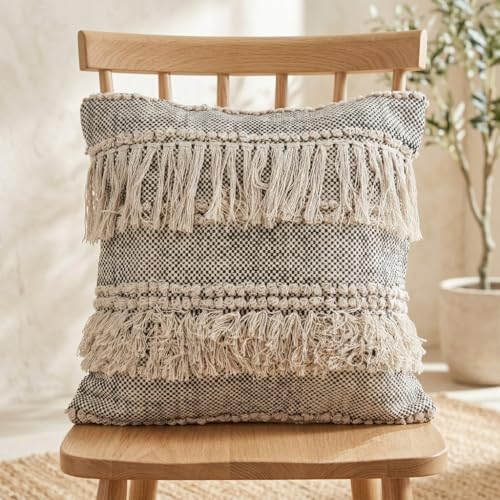 LR Home 20" x 20" Inches Geometric Cotton Throw Pillow Covers For Home Decor | Shabby Chic Boho Cushion Covers For Throw Pillows | Perfect For Living Room Couch & Bedroom Decorations | Ivory/Black - color: Ivory/Black, size: 20" x 20" (Pack of 1)