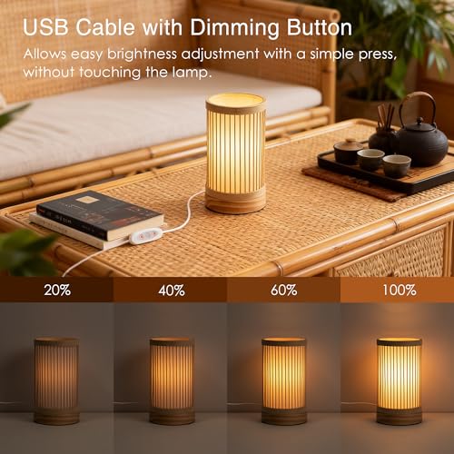 LUSHARBOR Bamboo Table Lamp, Small Boho Rattan Lamp Decorative with Dimmable Light, Woven Bedside Lamp for Bedroom, Cozy Nightstand Desk Lamps for Cafe/Entryway/Tabletop/Shelf Decor - style: USB-STRIP