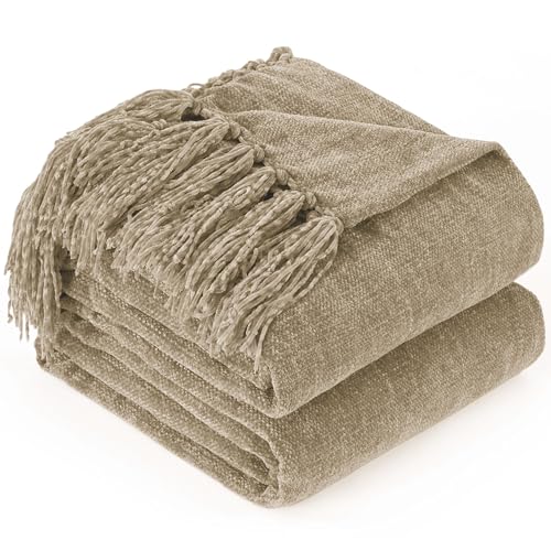 Chenille Throw Blanket for Couch with Tassels,50"X60" Soft Cozy Lightweight Knitted Boho Decorative Blankets for Bed and Sofa,Taupe - color: Taupe, size: 50"x60"