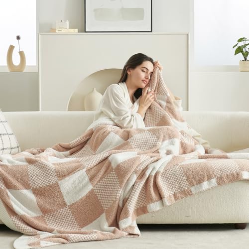 Snuggle Sac Checkered Blanket, Beige Throw Blanket for Couch Plaid Microfiber Fluffy Warm Cozy Fuzzy Soft Throw Blanket Reversible Checkerered Blankets for Sofa, Bed, 60x80 inches - color: Checker Beige, size: Twin(60"x80")