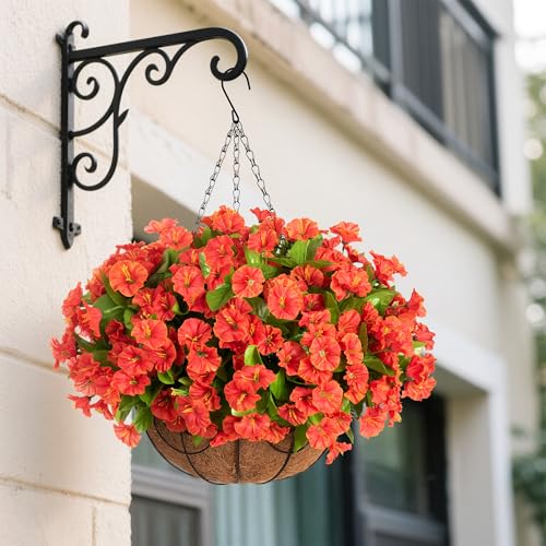 Ammyoo Artificial Hanging Flower Plants with Basket for Spring Summer Outdoor Decoration, Faux Petunias Flowers Fake Morning Glories Planter for Outside Patio Garden Porch Balcony Yard Decor(Orange) - color: Orange