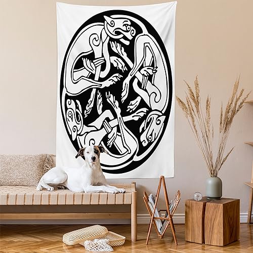 Ambesonne Celtic Tapestry, 3 Dogs Biting Their Tails Animal Forms Vikings Heritage Celtic Knots Medallion, Wall Hanging for Bedroom Living Room Dorm Decor, 40" X 60", White Black - color: White Black, size: 60"L x 40"W