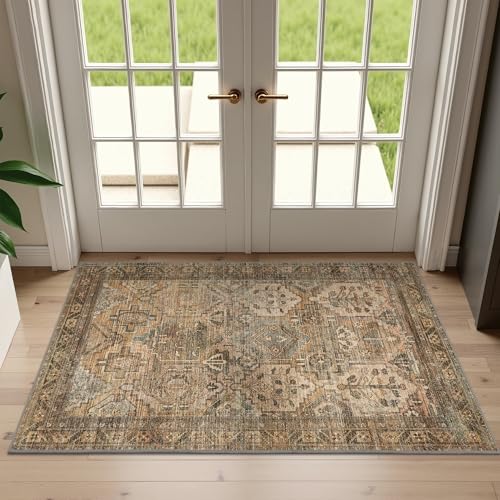 Bavni 2x3 Entryway Rug Bathroom Rugs for Front Door Bedroom Bathroom Kitchen, Washable Vintage Print Carpet, Ultra-Thin Chenille Lightweight Rug with Non Slip Backing, Warm Taupe - color: Area Warm Taupe, size: 2' x 3' (Rectangular)