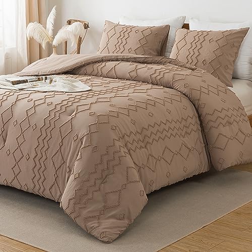 Andency Taupe Tufted Comforter Set Full(79x90Inch), 3 Pieces(1 Boho Comforter, 2 Pillowcases) Textured Farmhouse Bed, Soft Down Alternative Geometric Bedding Set - color: 06 - Taupe, size: Full (79"x90")
