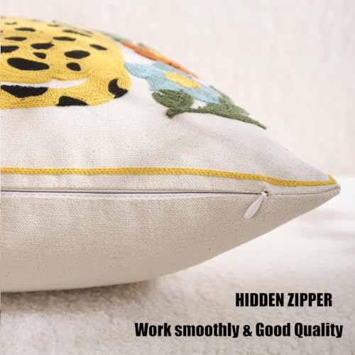 Embroidered Throw Pillow Covers 18x18 Pack of 2 Yellow Leopard Pillow Covers Green Leaves with Floral Pillowcases Boho Pillow Cushion Cases Square Flower Pillowcase Summer Home Decor - color: Yellow Leopard