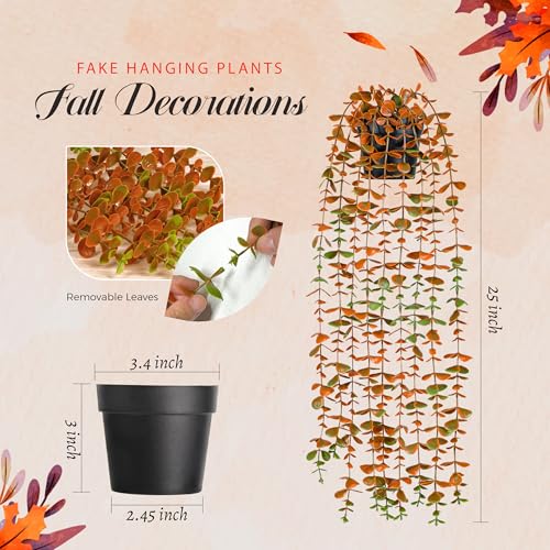 Der Rose 1Pcs Fake Fall Plants Hanging Orange Artificial Potted Faux Eucalyptus Plant Decorations for Fall Thanksgiving Bathroom Table Centerpiece Wall Kitchen Room Decor Indoor and Outdoor - color: Orange