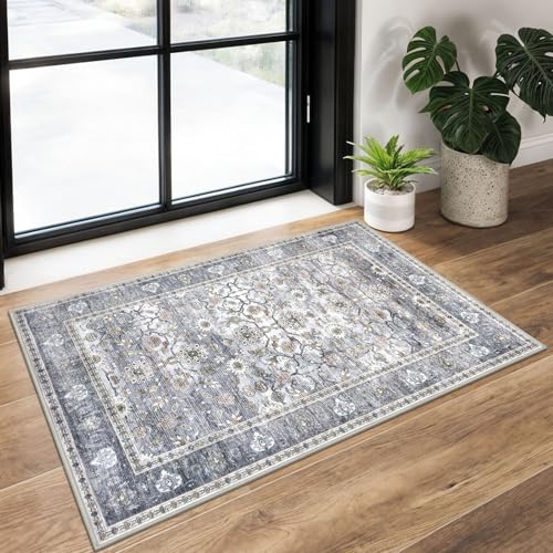 KUTA Vintage 2x3 Entryway Rug, Washable Kitchen Rugs & Ultra Thin Soft Throw Rug, Non-Slip Floral Distressed Print Grey Blue, Perfect for Front Door, Bedside, or Small Spaces - color: Grey Blue, size: 2' x 3' (Rectangular)