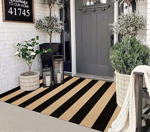3'x5' Outdoor Rug, Black and Tan Washable Striped Porch Rug Cotton Woven Farmhouse Front Door Mats for Porch/Entryway/Home Entrance Decor/Bedroom/Laundry Room/Patio/Front Door - color: Black Tan, size: 3' x 5' (Rectangular)
