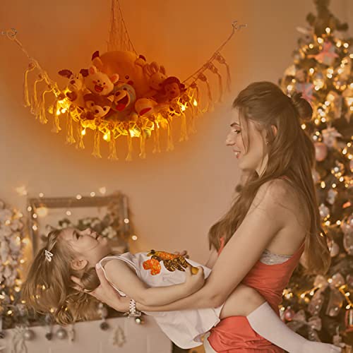 Large Stuffed Animal Net or Hammock, Boho Macrame Toy Hammock with LED Lights, Decorate Room Space Saving Pet Net for Stuffed Animals, Suitable for Nursery, Playroom, Kids Bedroom - style: A