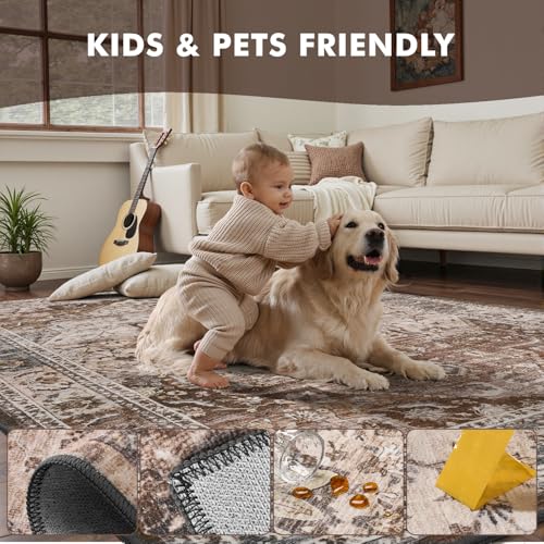 9x12 Area Rugs for Living Room Rug Brown Large Bedroom Rug Carpet Washable Neutral Vintage Dining Room Rugs for Under Table Soft Comfortable Non Slip - color: Brown Multi, size: 9' X 12' (Rectangular)