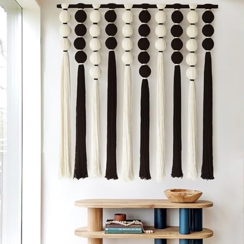 IOWER Large Macrame Wall Hanging Macrame Wall Decor Black and White Sphericity Cotton Textile Wall Hanging Boho Wall Decor Art Fiber Yarn Art Handmade 39" Wx39 L - color: Black and White