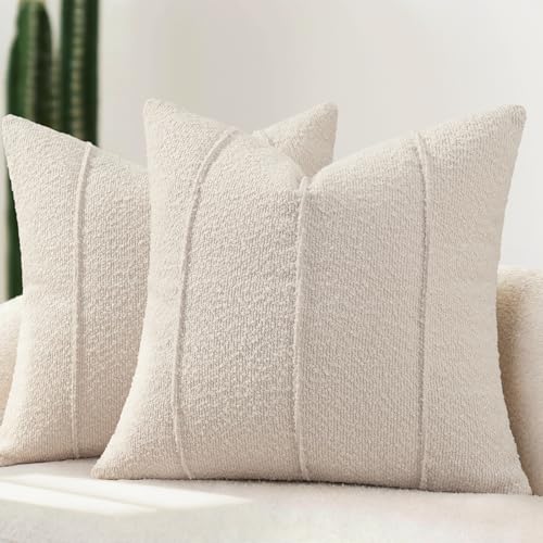 YCOLL Textured Boucle Throw Pillow Covers 18x18 Pack of 2 - Soft Neutral Striped Cushion Covers, Cozy Accent Decorative Pillow Covers for Couch, Sofa, Bed, Living Room (Beige) - color: Beige, size: 18" x 18" (Pack of 2)