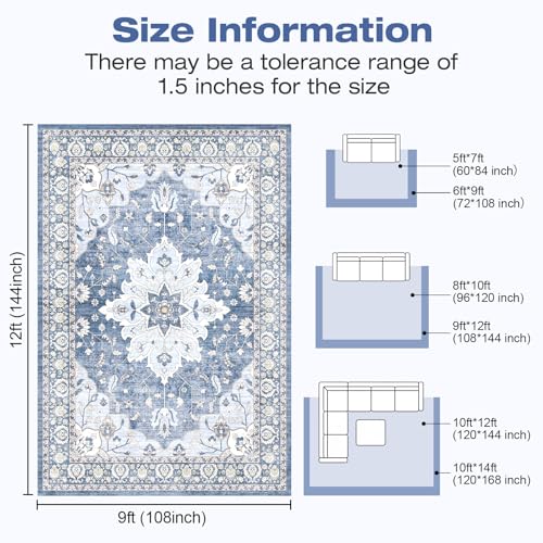 9x12 Area Rugs for Living Room, Machine Washable Boho Vintage Rug, Waterproof Surface & Non-Slip Backing, Foldable Soft Low Pile Floral Medallion Carpet for Bedroom Dining Room - color: Blue/Cream, size: 9' x 12' (Rectangular)