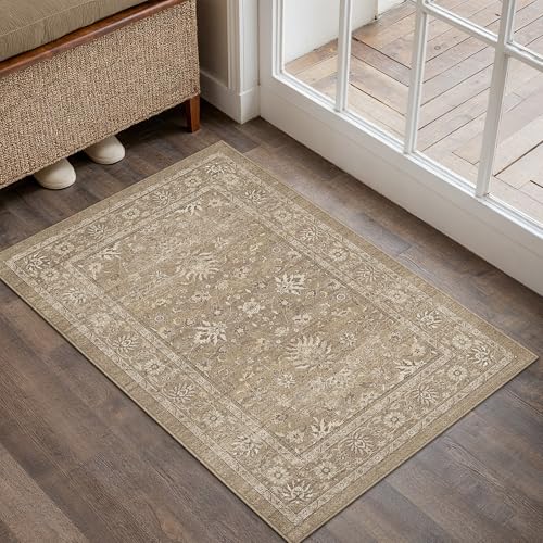 PureCozy 2x3 Area Rug Brown Washable Entryway Vintage Carpet Door Mat Small Non Slip Stain Soft Resistant Low Pile Thin Boho Accent Indoor Throw Rug for Kitchen Bathroom Entrance Bedroom - color: Oriental Brown, size: 2' x 3' (Rectangular)