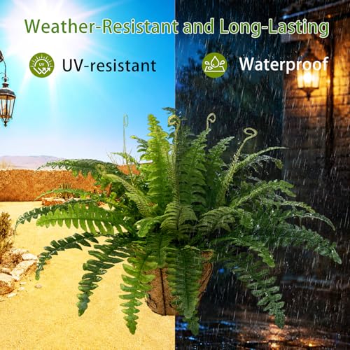 2 Set Artificial Hanging Ferns for Outdoors with Hanging Baskets, UV Resistant Artificial Outdoor Plants, Faux Ferns Outdoor Hanging Basket for Front Porch Garden
