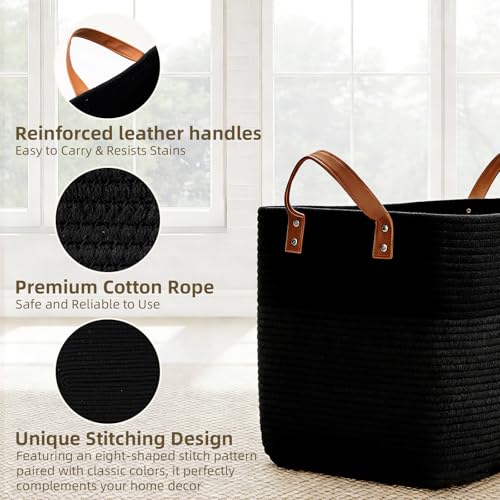 BOLDMONKEY 89L Extra Laundry Basket with Leather Handles,Woven Cotton Rope Blanket Basket,Toy Bin for Baby Room,Laundry Hampers for Bedroom, Living Room,Bathroom,24"x16"x15" Black - color: Black, size: 89L