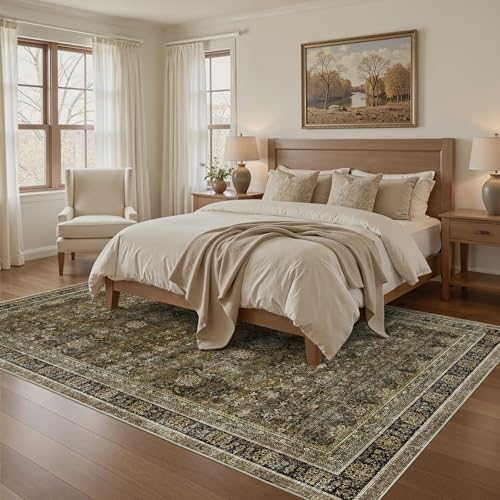 WITSHOCK 9x13 Area Rugs for Living Room - Washable Vintage Rug Retro Antique Dark Distressed Large Non Slip Low Pile Soft Boho Indoor Floor Carpet for Bedroom Dining Room Home Decor, Brown Olive Green - color: Brown/Olive Green/Purple, size: 9' x 13' (Rec