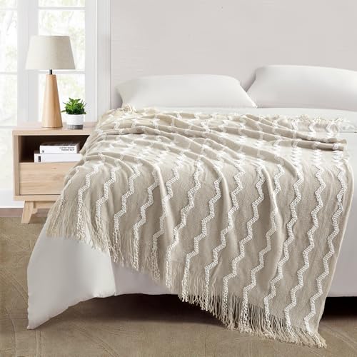 BOURINA Fluffy Chenille Knitted Fringe Throw Blanket Lightweight Soft Cozy for Bed Sofa Chair Throw Blankets, Beige 50" x 60" - color: A-beige, size: 50"×60"