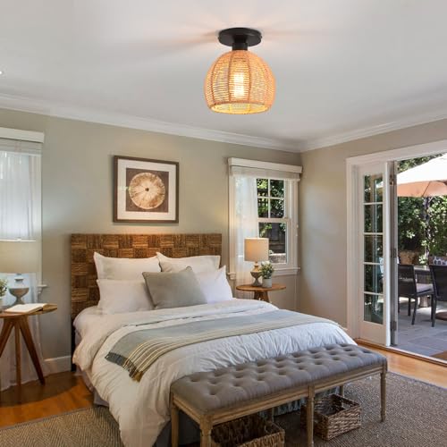 Hand-Woven Rattan Flush Mount Ceiling Light,Farmhouse Light Fixtures Ceiling Mount Boho for Hallway Bedroom Kitchen Entryway Living Room - color: 7.87 IN Rattan 1 Pack