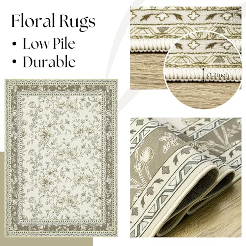 Beige Taupe Floral Area Rug for Entryway 2x3 Washable Small Rug Low Pile Non Slip Distressed Entry Mat Soft Farmhouse Indoor Entrance Door Mat for Kitchen Bedroom Greyish Beige Tan Floral Design - color: Sketch Floral Cool Beige, size: 2' x 3' (Rectangula