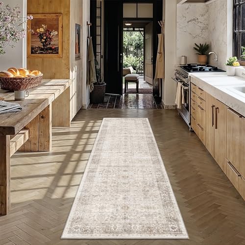 2x5 Neutral Beige Vintage Washable Runner Rugs for Hallway Kitchen Boho Hallway Carpet Low Pile Non-Slip Retro Distressed Accent Throw Rug for Entryway Bathroom Bedroom - color: Neutral Beige, size: 2'*5'(Runner)