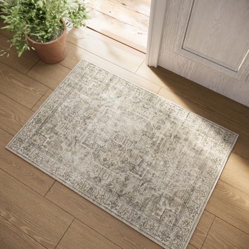 Machine Washable Throw Rugs for Entryway: Door Mat Indoor Entrance 2x3 Small Rug Stain Resistant Non-Slip Low Pile Soft Carpet for Kitchen Front Door Indoor Entry Bathroom Bedroom - color: Brown and Cream, size: 2' x 3' (Rectangular)