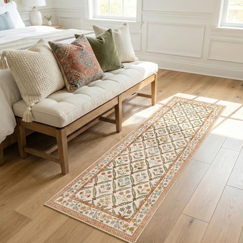 jinchan Haden Runner Rug 2x6 Vintage Floral Washable Hallway Rug for Entrance Kitchen Soft Non-Slip Low Pile Bedside Laundry Room Cottage Warm Indoor Decor Terracotta - color: Terracotta, size: 2' x 6' (Runner)