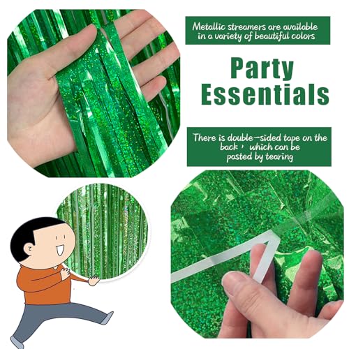 3 Pack Green Streamers Backdrop Jungle Party Decorations Foil Fringe Backdrop Curtains Photo Booth Backdrop for Birthday Dinosaur Animal St Patricks Day Football Christmas Party Decorations - color: Green