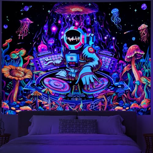 Amhokhui Blacklight Astronaut Tapestry UV Reactive Funny DJ Music Tapestry Trippy Aesthetic Tapestries Galaxy Space Tapestries Flower Wall Hanging Decor for Home - size: 78.7"L x 59.1"W