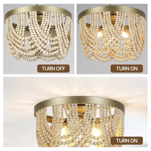 Bohemia Wood Beaded Chandelier, 3-Light Boho Light Fixture, 12.6inch Boho Chandelier Flush Mount Ceiling Light Fixtures for Dining Room, Bedroom, Living Room, Nursery, Girl Room, Hallway and Entryway - color: Natural-12.6INCH