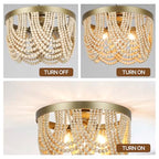 Bohemia Wood Beaded Chandelier, 3-Light Boho Light Fixture, 12.6inch Boho Chandelier Flush Mount Ceiling Light Fixtures for Dining Room, Bedroom, Living Room, Nursery, Girl Room, Hallway and Entryway - color: Natural-12.6INCH