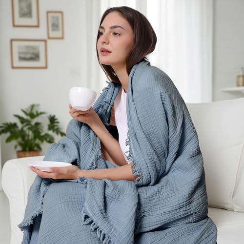 WDCOZY Muslin Throw Blanket 100% Cotton Blankets 4-Layer Breathable Lightweight Soft for Couch Boho Farmhouse Linen Tassels Ruffle Gauze Blankets All Season for Adults 50x60 Inches Dusty Blue - color: Dusty Blue, size: Throw (50"x60")