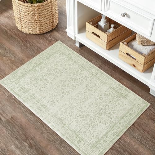 BILEEHOME Sage Green 2x3 Boho Rugs for Kitchen Bathroom Hallway Washbale Non Slip Front Door Rug Indoor Entrance Low Pile Light Green Area Rug for Bed Side Bedroom Floor Laundry Room 2 x 3 - color: Sage Green, size: 2' x 3' (Rectangular)