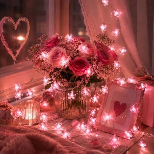 Pink Cherry Blossom Fairy Flower Lights, USB/Battery Operated Floral Lamp | Decorative Flower String Lights For Bedroom,Christmas, Easter, Wedding, Party, Birthday, Valentine'S Day Indoor Outdoor Decor - color: 10ft Pink Flower Lights