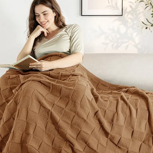 Whale Flotilla Checkered Knit Throw Blanket for Couch, Soft Decorative Knitted Blankets for Sofa Bed, Lightweight Cozy Throws for Spring Summer, 50x60 Inch, Brown - color: Brown, size: 50x60 Inch